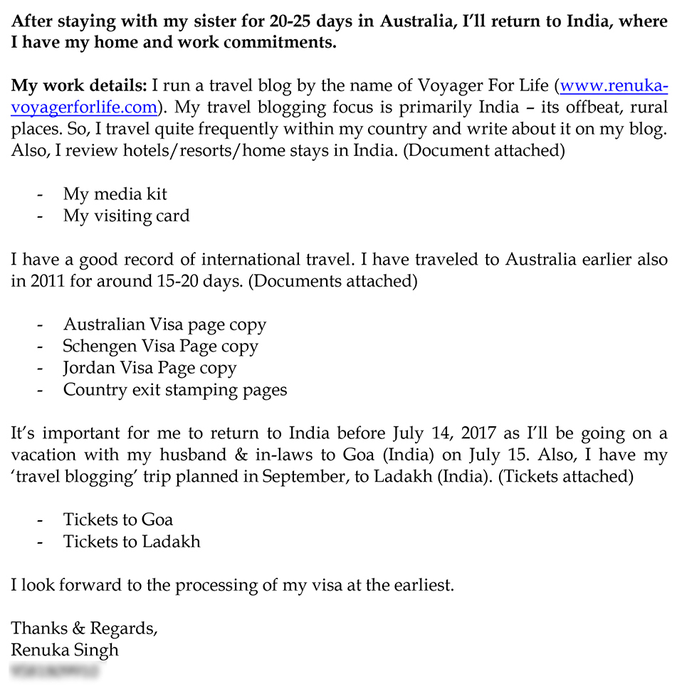 australian tourist visa cover letter sample